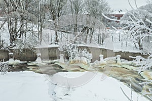 Waterfall in winter, strong current, frozen ice and trees in other. landscape photography Frost, ice, cold concept. Old