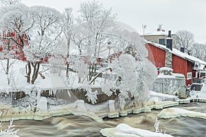 Waterfall in winter, strong current, frozen ice and trees in other. landscape photography Frost, ice, cold concept. Old