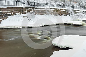 Waterfall in winter, strong current, frozen ice and trees in other. landscape photography Frost, ice, cold concept. Old