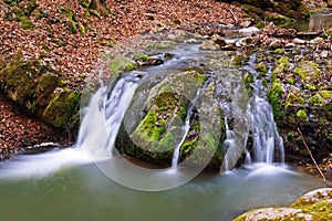 waterfall into the woods