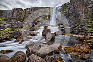 Waterfall Ãâxararfoss at Thingvellir National Park in Iceland photo