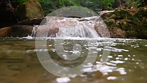 Waterfalls above and below water filmed with sub machine