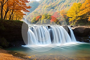 Waterfalls in autumn Incorporate a foreground element made with generative ai
