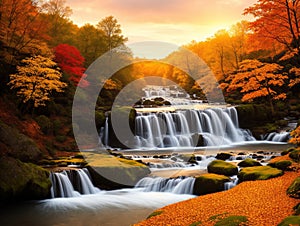 Waterfalls in autumn Incorporate foreground elements made with generative ai