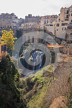 Waterfalls in the city of Tivoli at  Villa Gregoriana in Lazio, Italy