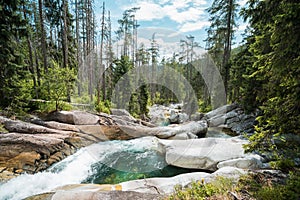 Waterfalls of Cold stream in Great Cold Valley in High Tatras, Slovakia. Cloudy sky.