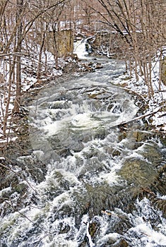 waterfalls on creek in Winter with white snow and ice