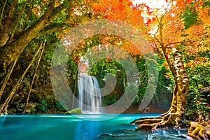 Waterfalls in the emerald blue water in Erawan National Park.