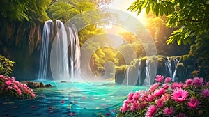 Waterfalls and flowers, beautiful landscape, magical and idyllic background with many flowers in Eden