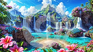 Waterfalls and flowers, beautiful landscape, magical and idyllic background with many flowers in Eden