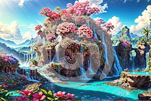 Waterfalls and flowers, beautiful landscape, magical and idyllic background with many flowers in Eden