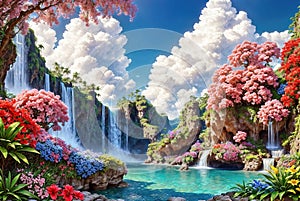Waterfalls and flowers, beautiful landscape, magical and idyllic background with many flowers in Eden