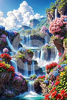 Waterfalls and flowers, beautiful landscape, magical and idyllic background with many flowers in Eden