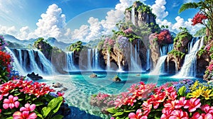 Waterfalls and flowers, beautiful landscape, magical and idyllic background with many flowers in Eden photo