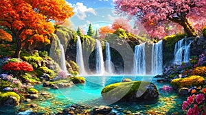 Waterfalls and flowers, beautiful landscape, magical and idyllic background with many flowers in Eden photo