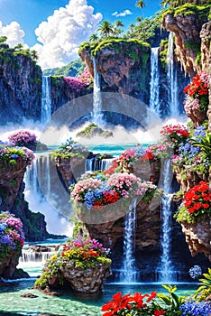 Waterfalls and flowers, beautiful landscape, magical and idyllic background with many flowers in Eden photo