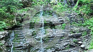 Waterfalls forest Vysoky vodopad, aerial drone stream way through stones fairytale summer landscape Jeseniky, beauty of