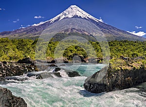 Waterfalls in front of Volcano Osorno Chile