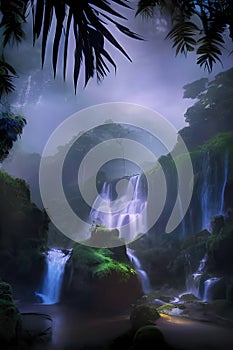 Waterfalls in jungle. Digital graphical work, mixed media.