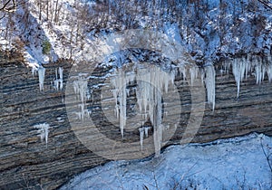 Waterfalls in Letchworth State Park view during winter. USA