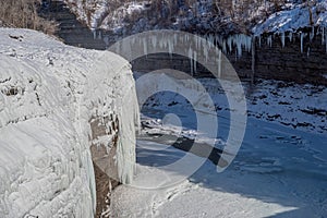 Waterfalls in Letchworth State Park view during winter. USA