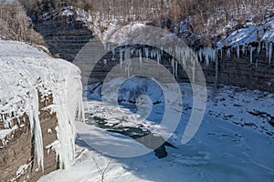 Waterfalls in Letchworth State Park view during winter. USA