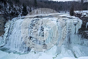 Waterfalls in Letchworth State Park view during winter. USA