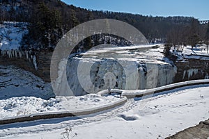 Waterfalls in Letchworth State Park view during winter. USA