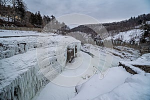 Waterfalls in Letchworth State Park view during winter. USA