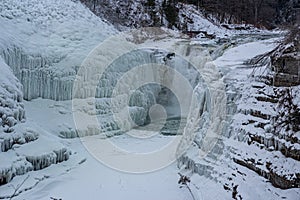 Waterfalls in Letchworth State Park view during winter. USA