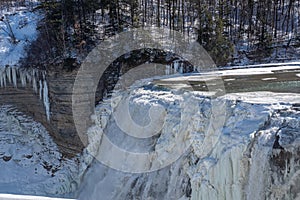 Waterfalls in Letchworth State Park view during winter. USA