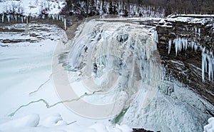 Waterfalls in Letchworth State Park view during winter. USA