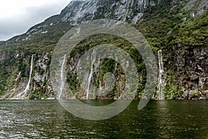 Waterfalls in Milford Sound in New Zealand