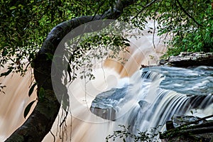 Waterfalls of mountain stream, smooth water over waterfalls