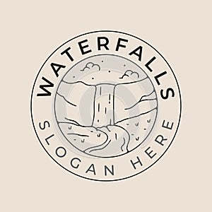 waterfalls national park line art logo vector with emblem illustration template design