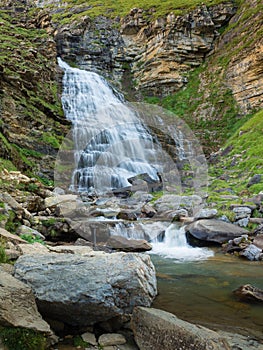 Waterfalls in Ordesa and monte perdido national park in Pyrinees range in Spain, Huesca, Cola de Caballo