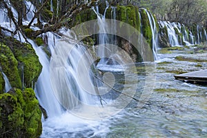 Waterfalls Over Moss in Slow Motion in Juizhaigou