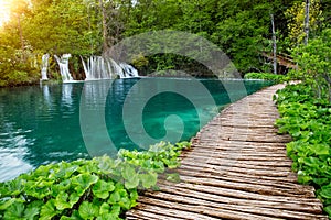 Waterfalls and pathway in the Plitvice National Park, Croatia