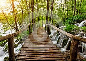 Waterfalls and pathway in the Plitvice National Park, Croatia