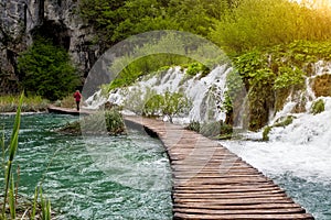 Waterfalls and pathway in the Plitvice National Park, Croatia