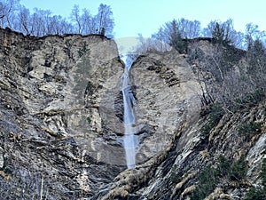 Waterfalls on the SchrÃ¤abach creek in the Calfeisental alpine valley and in the UNESCO World Heritage Tectonic Arena Sardona