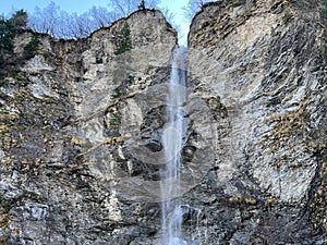 Waterfalls on the SchrÃ¤abach creek in the Calfeisental alpine valley and in the UNESCO World Heritage Tectonic Arena Sardona