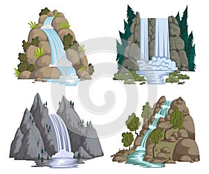 Waterfalls set. Cartoon landscapes with mountains and trees.