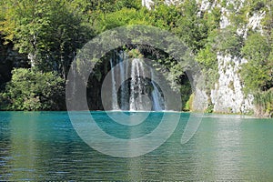 Waterfalls to lake Ganovac on Plitvicka Jezera in Croatia photo