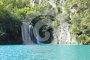 Waterfalls to lake Ganovac on Plitvicka Jezera in Croatia photo