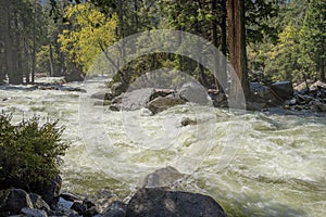 Waterflow rushing downhill Yosemite park California photo