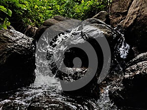 Waterflowing through stones in forest.