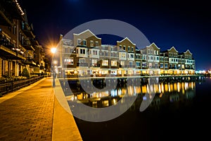 Waterfront apartment building at night, in Canton, Baltimore, Ma