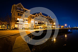 Waterfront apartment building at night, in Canton, Baltimore, Ma