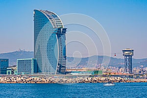 Waterfront of Barcelona dominated by Hotel W designed by Ricardo Bofill, Spain